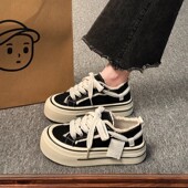 休闲运动女士超火黑色低帮丑萌大头圆头芒果头板鞋 厚底毛边帆布鞋