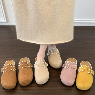 包头拖厚底增高全包勃肯鞋女一脚蹬反绒皮乐福鞋增高5cm包头拖鞋