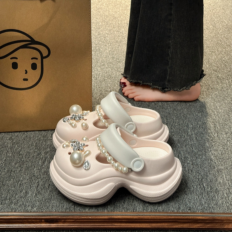 厚底增高洞洞鞋女款外穿2025夏季新款防滑水钻珍珠沙滩鞋凉拖鞋女