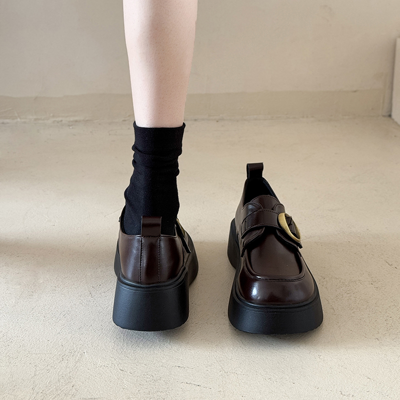 厚底小皮鞋女2025年秋季新款增高配裙子jk鞋子黑色通勤魔术贴单鞋