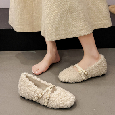 内增高羊羔毛毛鞋女鞋子外穿2025年秋冬季加绒棉鞋白色玛丽珍单鞋