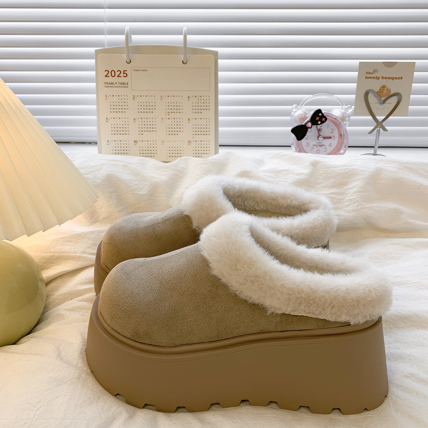 白色复古厚底加绒半拖勃肯鞋女2025新款秋冬增高保暖毛毛棉拖鞋子