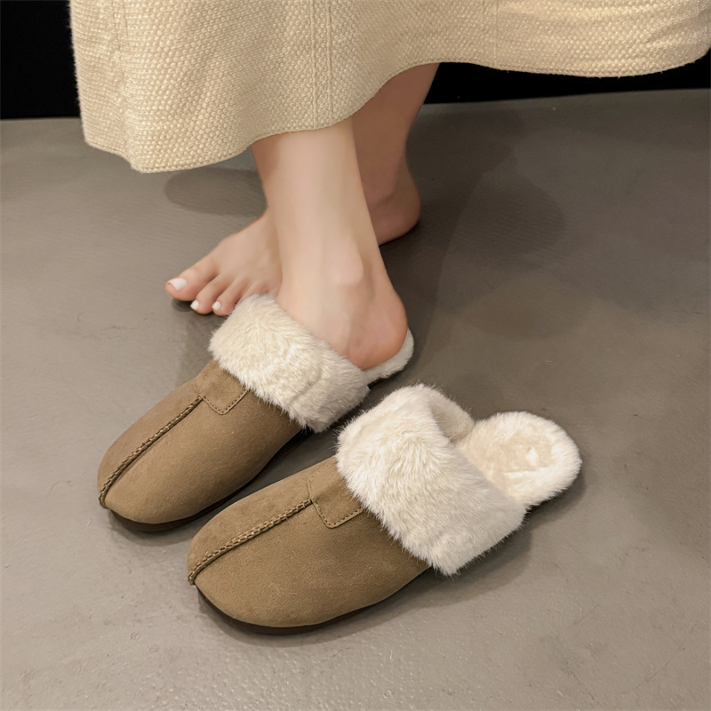 复古森系磨砂皮平底包头半拖鞋女外穿2025秋冬新款棉鞋加绒勃肯鞋