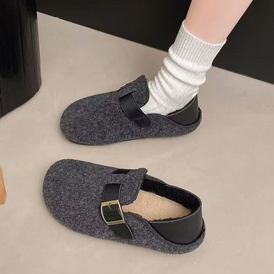 软底高级感灰色勃肯鞋女2025秋冬新款厚底棉鞋两穿加绒包头半拖鞋
