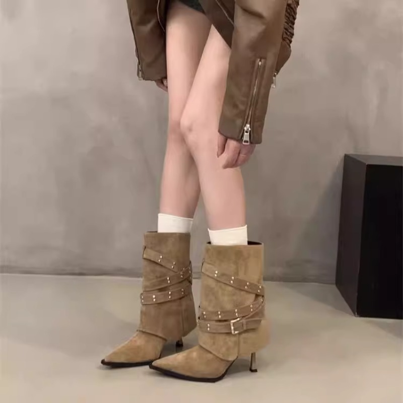 辣妹尖头裤管靴女款2025秋季新款细高跟靴皮带扣复古显瘦短筒靴子