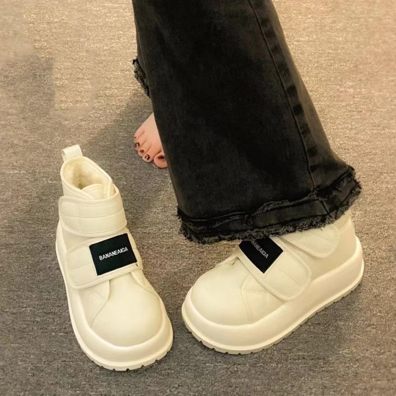 厚底面包雪地靴女2025新款冬季魔术贴增高棉鞋加绒保暖高帮小白鞋