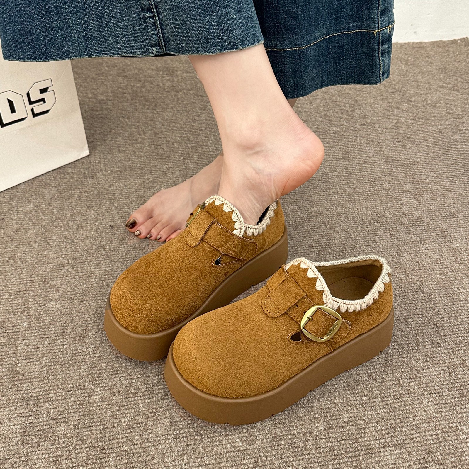 厚底加绒勃肯鞋女2025新款秋冬季豆豆乐福鞋保暖雪地靴低帮棉鞋子