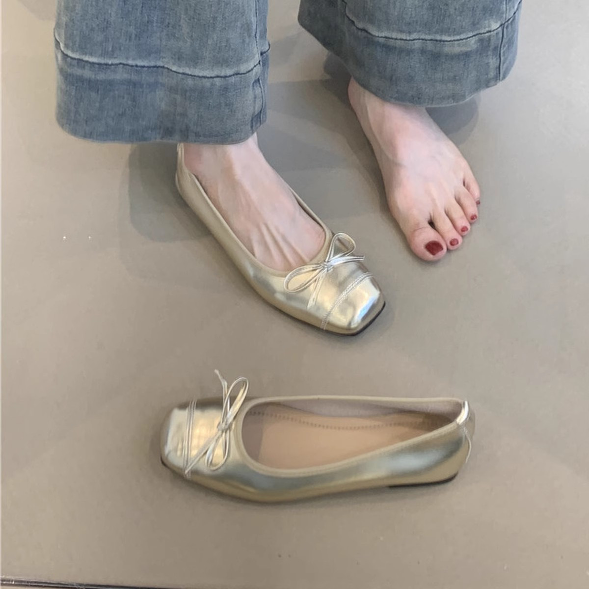 银色平底一脚蹬单鞋女2026新款春夏配裙子玛丽珍晚晚鞋芭蕾舞瓢鞋图片