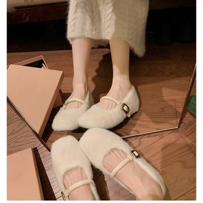 内增高毛毛鞋女冬外穿单鞋新款韩版法式复古仙女风加绒玛丽珍棉鞋