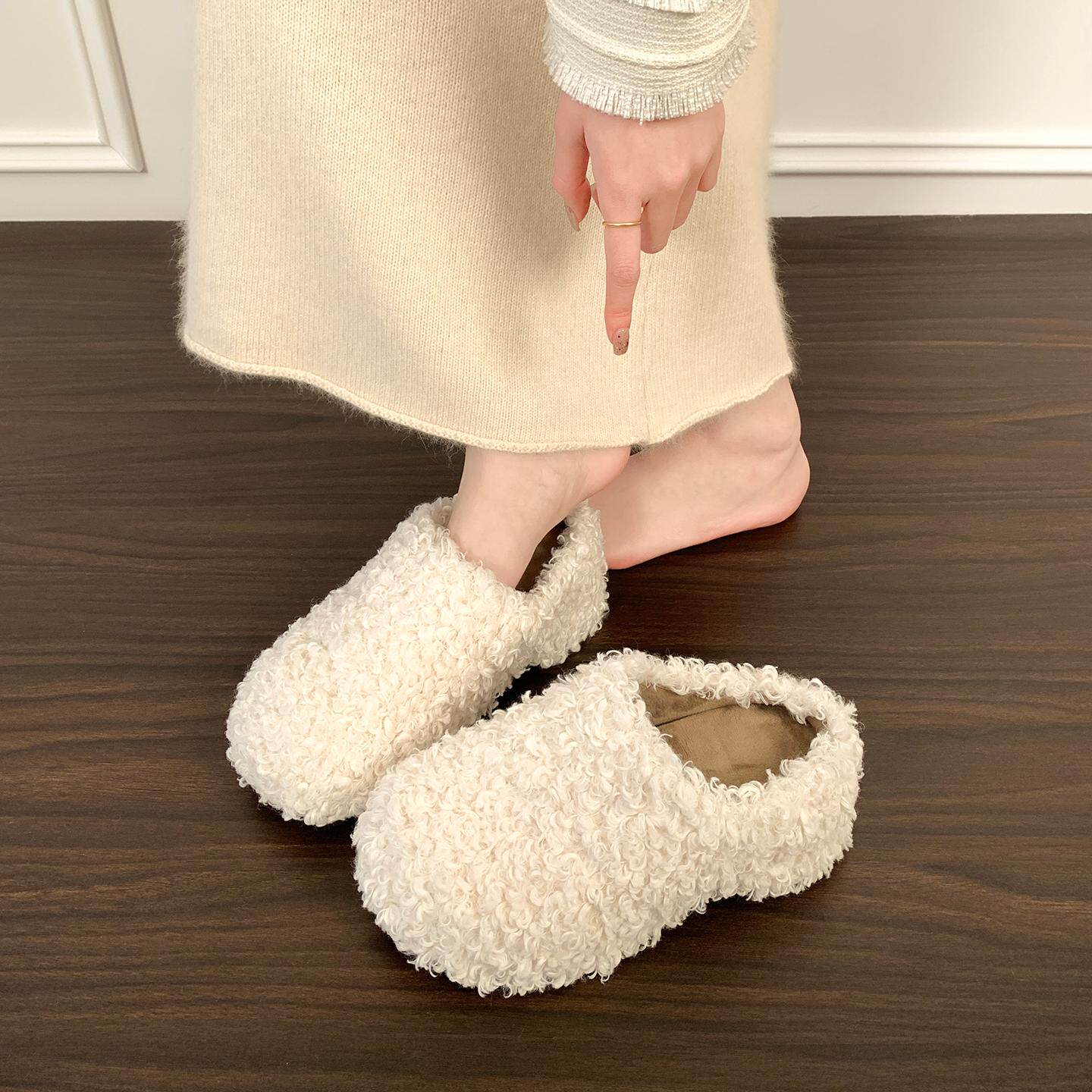 慵懒至上！8CM内增高羊羔毛毛鞋女外穿厚底加绒保暖一脚蹬勃肯鞋,女鞋,包头拖,淘宝优惠券,粉丝福利购,淘宝优惠卷