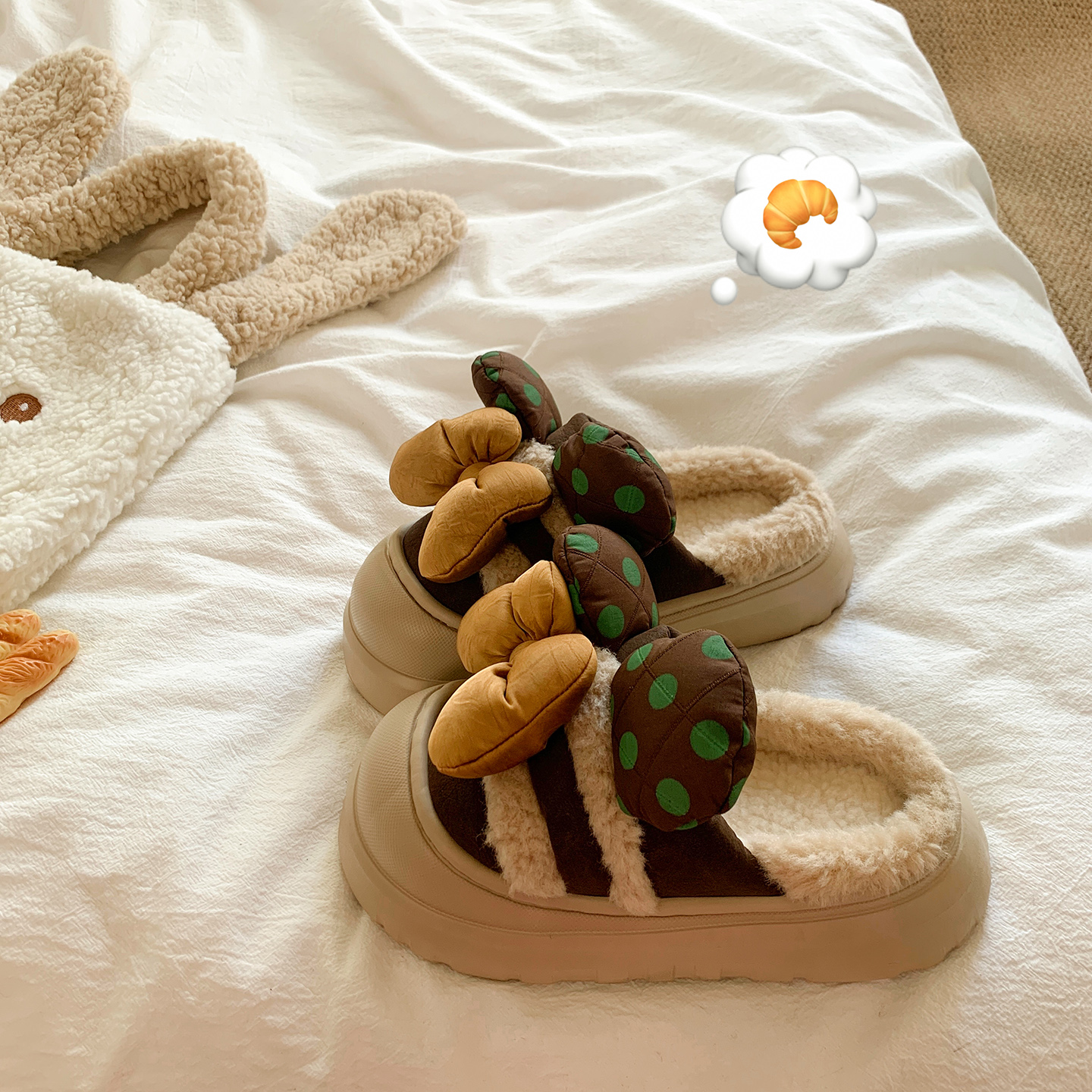 蝴蝶结绝美厚底毛毛拖女外穿2025秋冬新款居家防滑加绒包头棉拖鞋