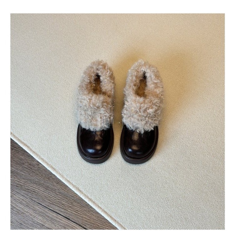 粗跟高跟鞋加绒英伦风小皮鞋女2025新款冬季雪地靴毛毛棉鞋乐福鞋