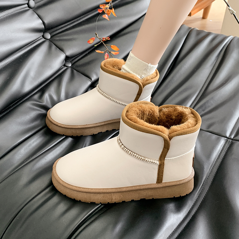 皮面雪地靴女冬防水防滑短筒女靴厚底内增高加绒加厚真皮雪地