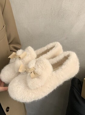 一脚蹬白色毛绒仙女毛毛鞋子女2025新款秋冬季外穿加绒孕妇豆豆鞋
