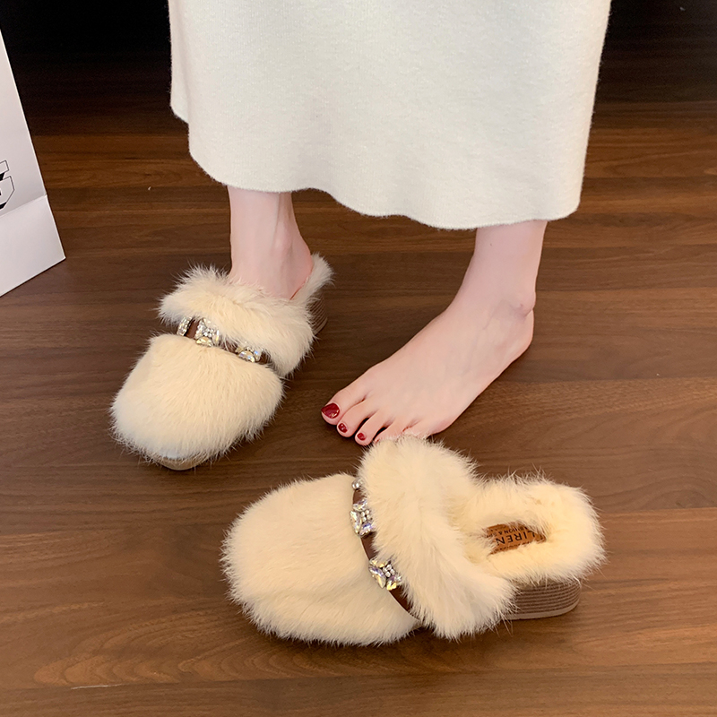 小香风水钻包头毛毛拖鞋女外穿2025新款秋冬厚底增高居家保暖棉拖