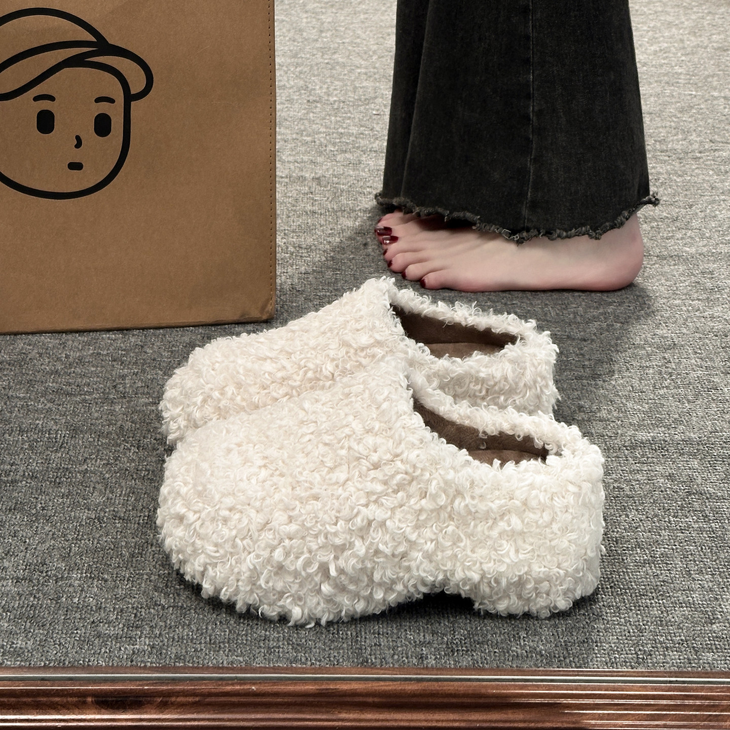 慵懒至上！8CM内增高羊羔毛毛鞋女外穿厚底加绒保暖一脚蹬勃肯鞋,女鞋,包头拖,淘宝优惠券,粉丝福利购,淘宝优惠卷