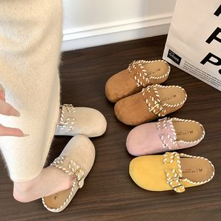 包头拖厚底增高全包勃肯鞋女一脚蹬反绒皮乐福鞋增高5cm包头拖鞋