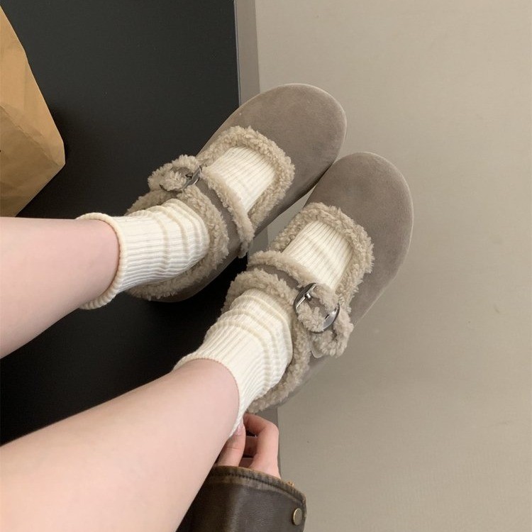 复古内增高加绒勃肯鞋女外穿一字扣带玛丽珍鞋羊羔毛保暖棉鞋