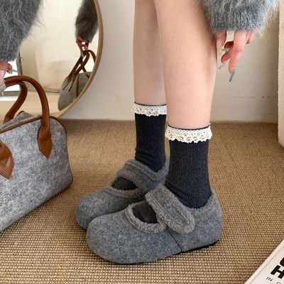 内增高勃肯鞋女2025秋冬新款灰色毛呢玛丽珍单鞋加绒保暖毛毛棉鞋