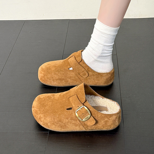 厚底内增高勃肯鞋加绒包头半拖鞋女外穿2025新款秋冬复古毛毛棉拖