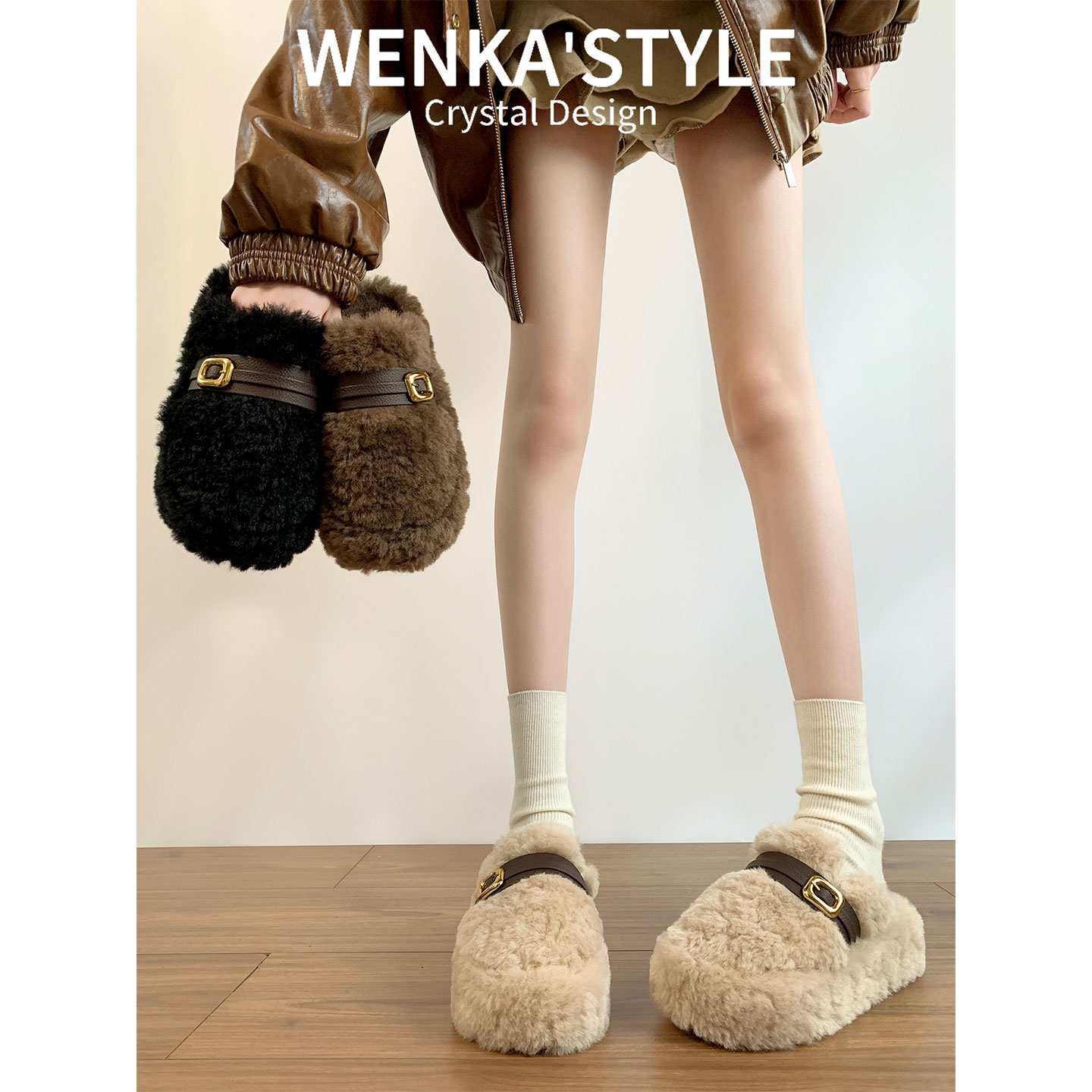 厚底毛绒一脚蹬毛毛鞋子女秋冬季外穿2025新款爆款加绒豆豆鞋棉鞋