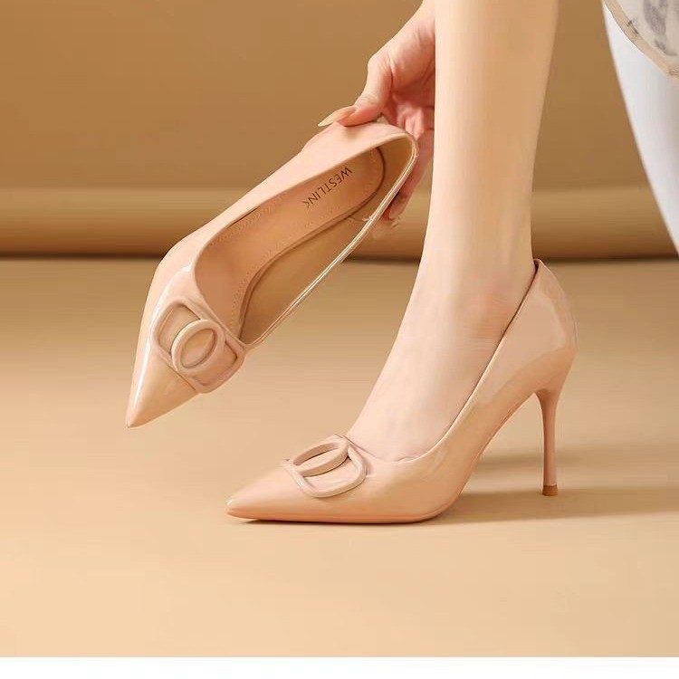 绝美裸色高跟鞋少女性感气质漆皮尖头细跟单鞋百搭黑色职业工作鞋