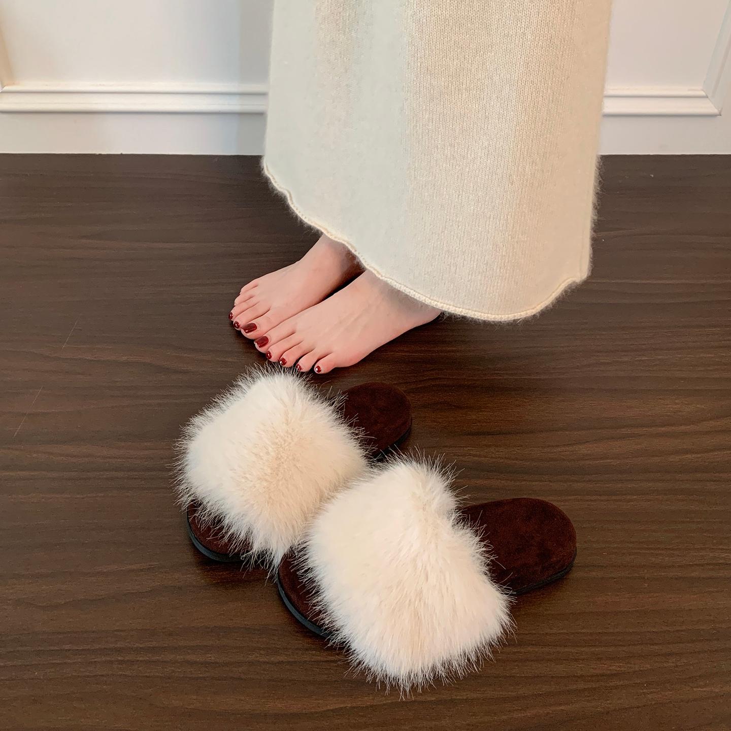 毛毛拖鞋女外穿2025年新款秋冬季巨好看仙女风厚底保暖一字棉拖鞋