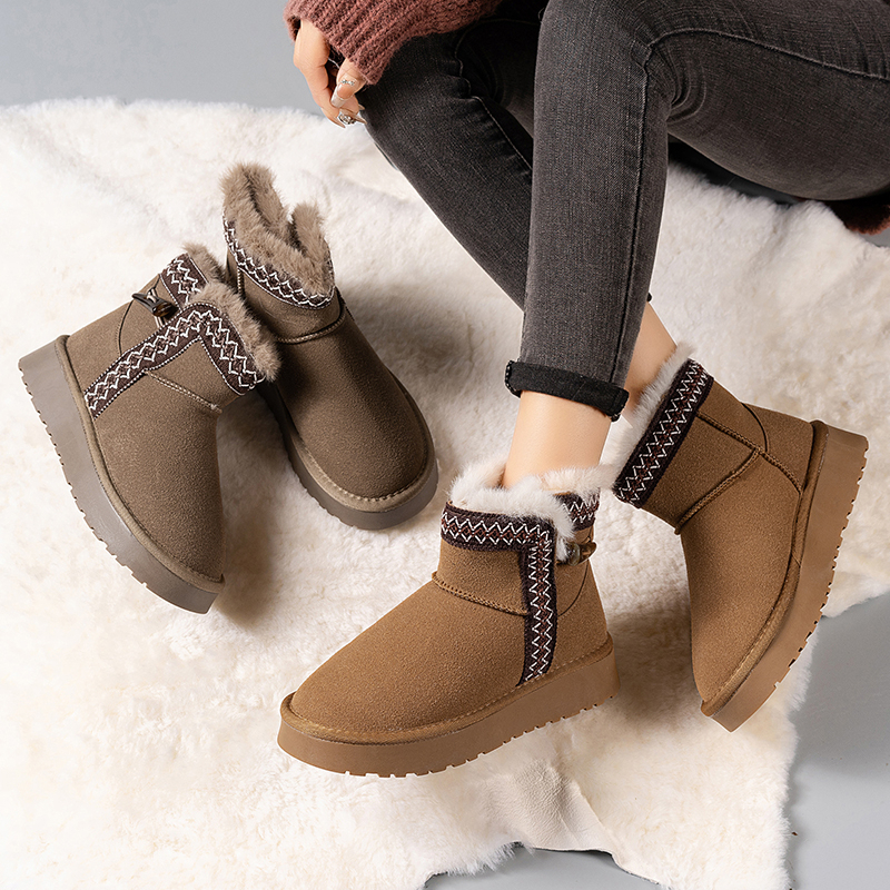 加绒雪地靴厚底靴子女2025新款冬季防水防滑中筒短靴保暖棉鞋外穿
