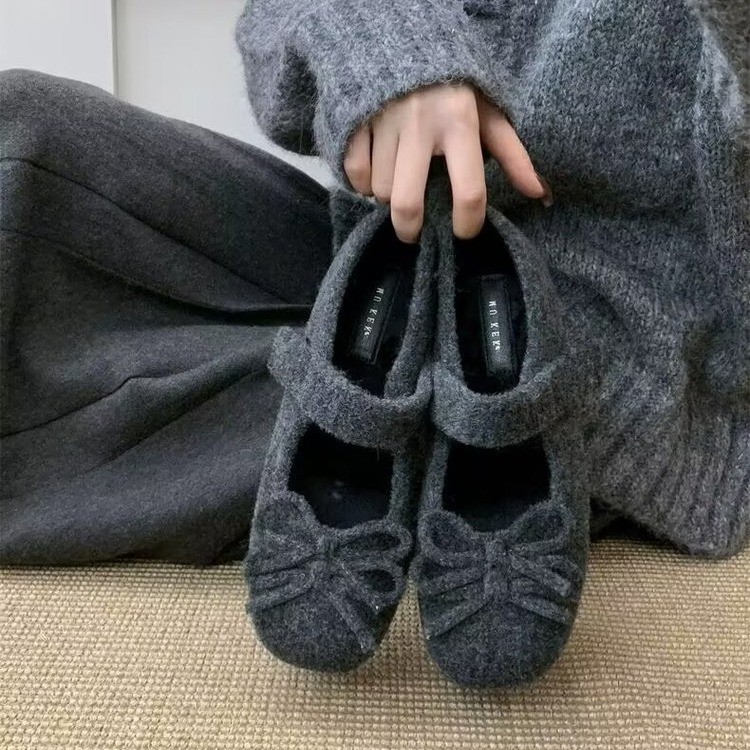 内增高4CM~玛丽珍毛毛鞋女冬外穿新款灰色呢子单鞋女厚底加绒棉鞋