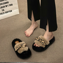 毛毛拖鞋女外穿2025新款秋冬季白色兔毛毛鞋系带鞋松糕厚底棉拖鞋