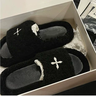 女夏秋厚底平底毛毛鞋 新款 吴宣仪2022春季 外穿十字花黑色毛毛拖鞋