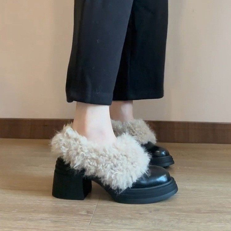 法式加绒高跟毛毛鞋女冬季新款一脚蹬圆头乐福鞋粗跟玛丽珍小皮鞋,女鞋,棉鞋,淘宝优惠券,粉丝福利购,淘宝优惠卷