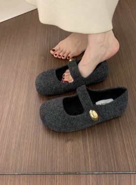 复古晚晚风灰色毛毡一字带圆头玛丽珍鞋百搭内增高厚底呢子勃肯鞋