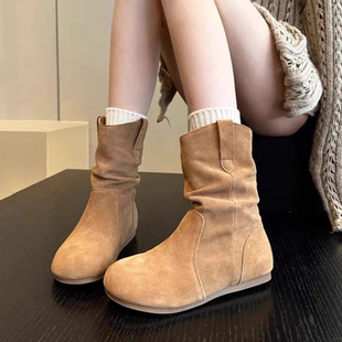 网红褶皱堆堆小短靴女款2025秋季新款平底磨砂短筒宽口圆头单靴子
