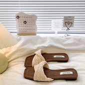 度假风气质坡跟凉拖鞋 厚底方头编织一字拖鞋 女夏外穿法式