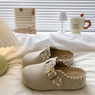 包头拖厚底增高全包勃肯鞋女一脚蹬反绒皮乐福鞋增高5cm包头拖鞋