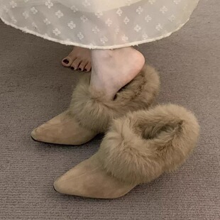 毛毛拖鞋女外穿一脚蹬穆勒皮鞋2025秋冬新款兔毛高级感绝美高跟鞋