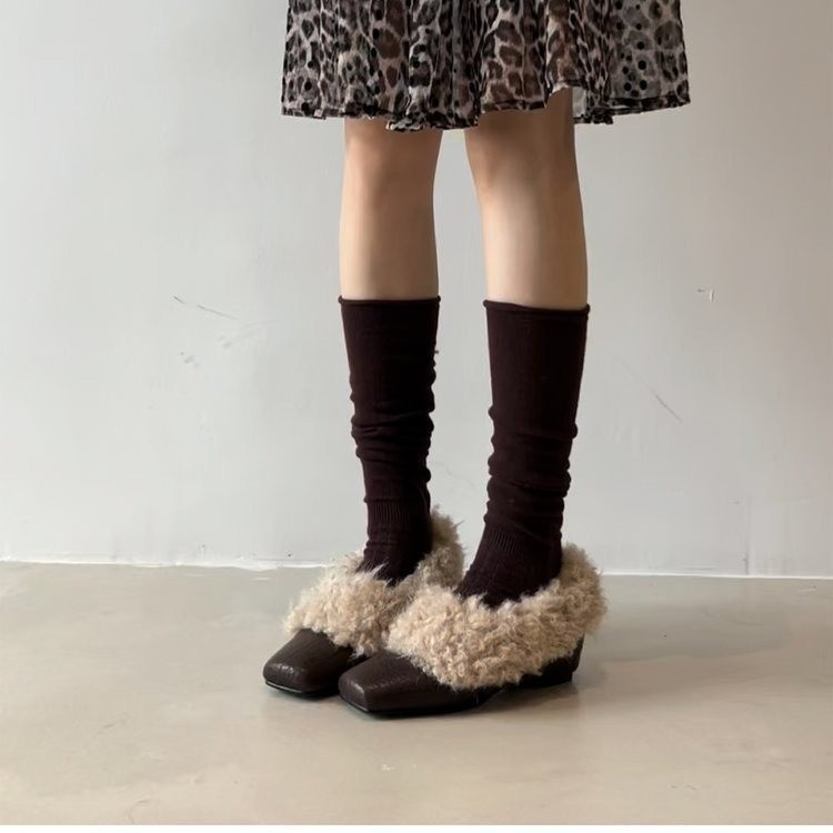 时尚方头毛毛鞋一脚蹬复古加绒保暖玛丽珍小皮鞋棉鞋粗跟休闲单鞋