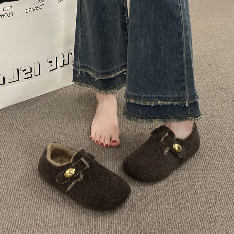 复古圆头毛毡加绒勃肯鞋女2025冬季一脚蹬加厚保暖棉鞋毛呢乐福鞋