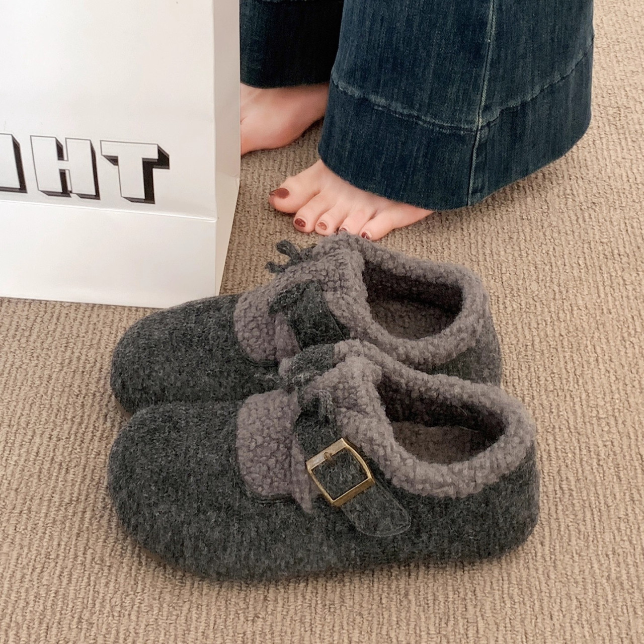 爆款勃肯鞋女2025秋冬季新款内增高加绒豆豆鞋毛毛棉鞋子灰色平底,女鞋,棉鞋,淘宝优惠券,粉丝福利购,淘宝优惠卷