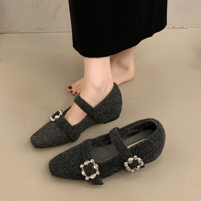 法式水钻玛丽珍毛毛鞋女2025冬季新款毛呢晚晚单鞋气质加绒高跟鞋