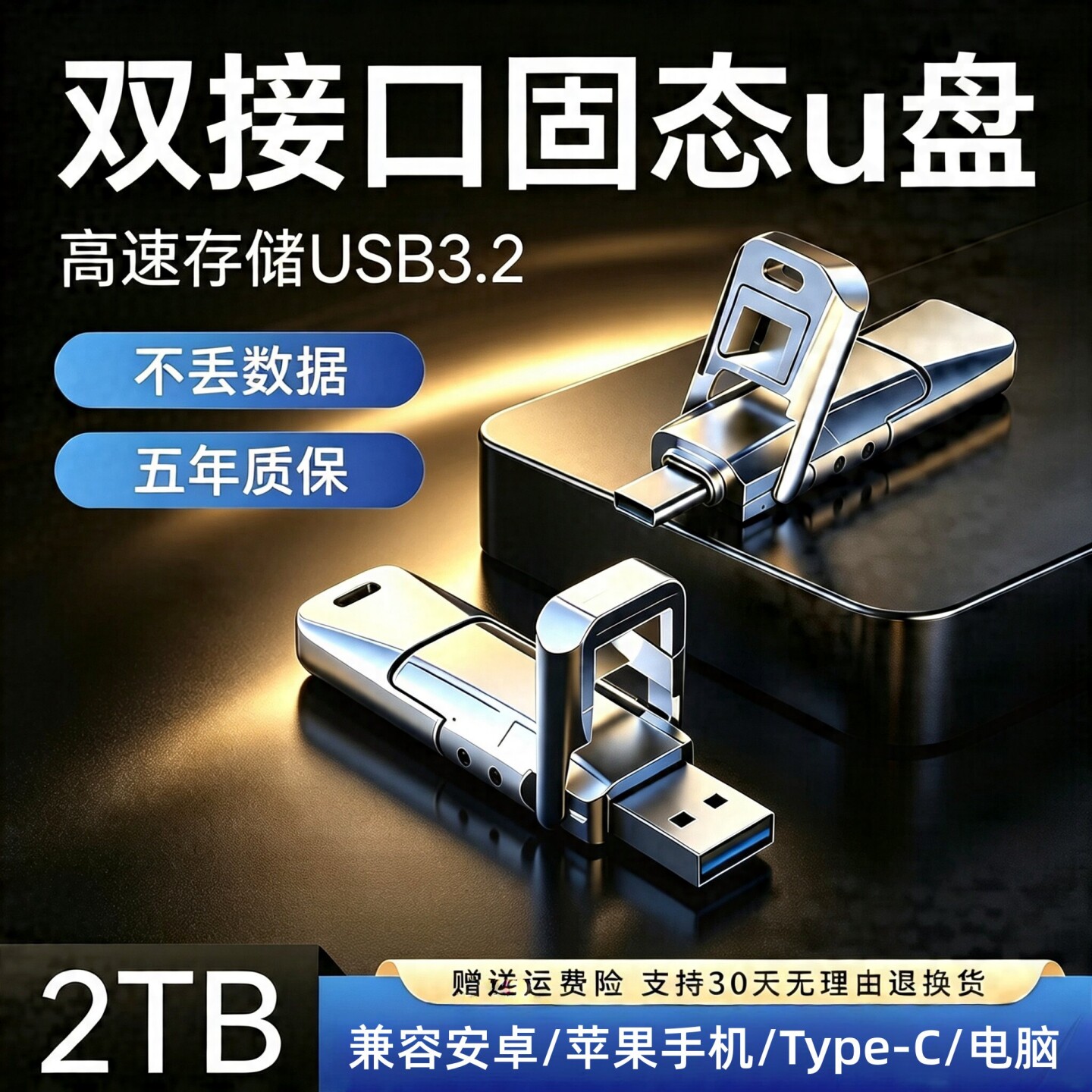 固态u盘2TB大容量USB3.2手机电脑两用Type-C 1TB高速储存移动u盘