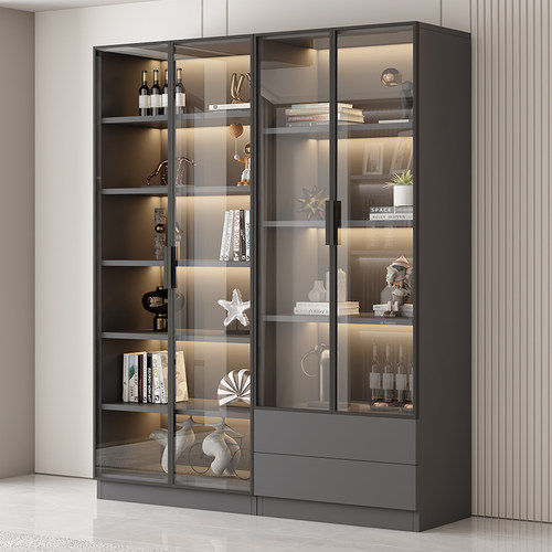 书柜储物柜一体家用客厅靠墙展示柜置物架带玻璃门整墙落地柜定制