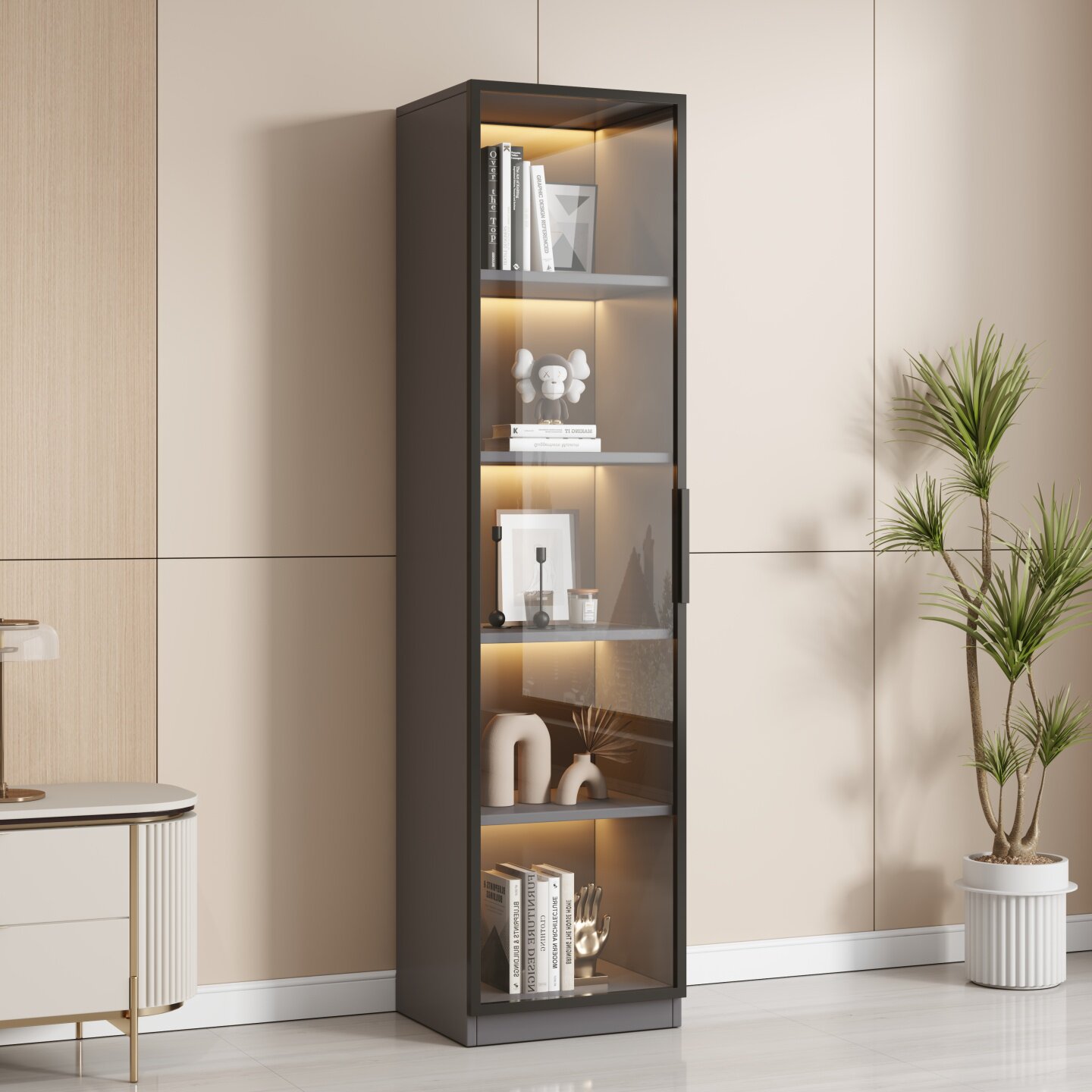 实木书柜现代简约玻璃门柜多层书架小户型客厅储物展示柜子包安装