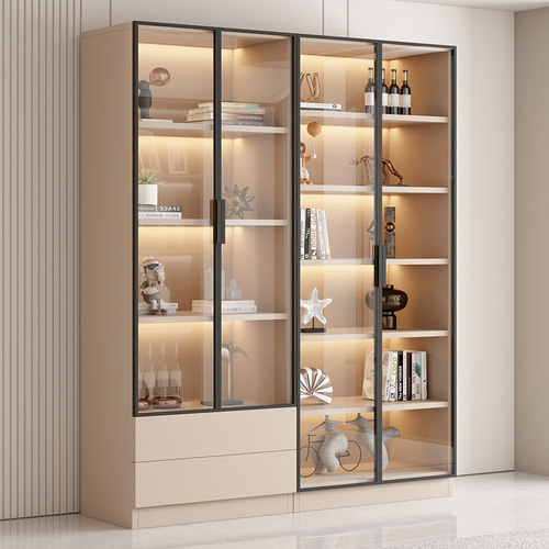 书柜玻璃展示柜一体到顶带门储物柜家用客厅酒柜手办柜子整墙定制