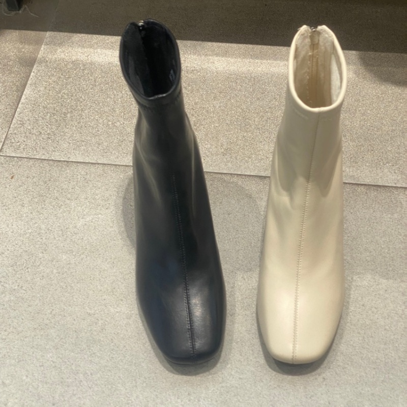 2025冬款女士方头短靴皮质后拉链瘦瘦靴真皮防水增高时装靴马丁靴