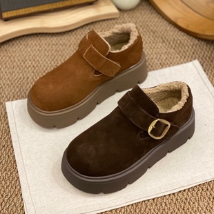 真皮羊羔毛全包勃肯鞋女2025冬季新款加绒保暖魔术贴松糕底单鞋女
