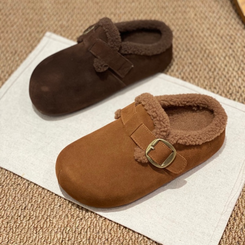 加绒勃肯鞋女2025新款圆头平底纯色扣带毛绒一脚蹬百搭休闲懒人鞋
