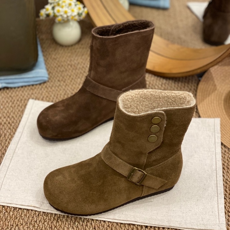 2025秋冬款真皮勃肯鞋女皮带扣短靴加绒保暖磨砂翻边羊羔毛棉靴女
