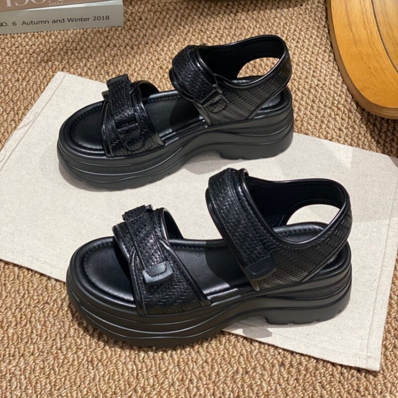 休闲风松糕厚底魔术贴凉鞋女2026新款百搭简约舒适一脚蹬沙滩鞋女